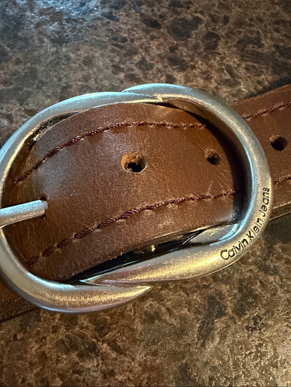 Calvin Klein Jeans Brown Leather Belt with Brushed Silver Oval Buckle